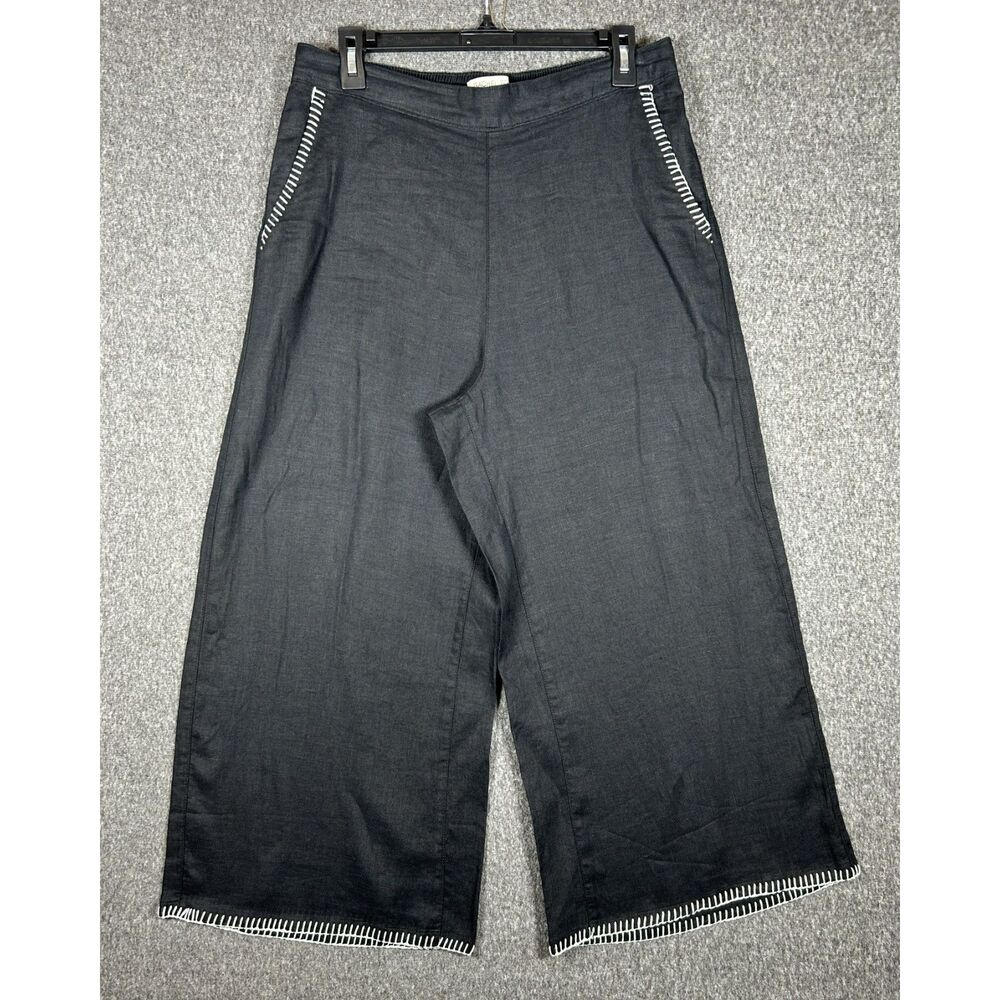 NWT Rachel Zoe 100% Linen Blanket Stitch Wide-Leg Cropped Pants, Black Size L